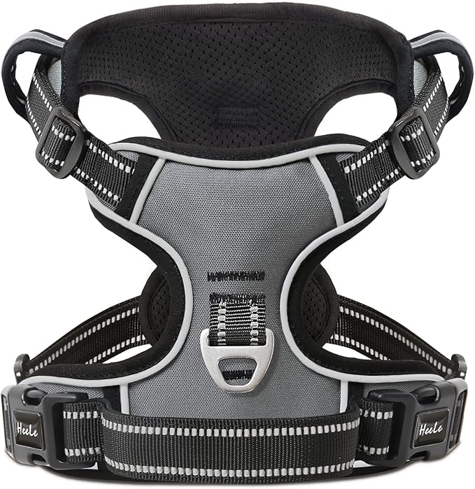 HEELE Dog Harness, No Pull Adjustable Padded Reflective Harness for Small Medium Large Dogs with Handle for Walking Training, Grey, XL