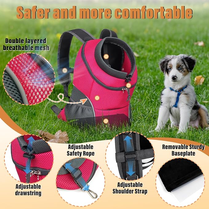 YUDODO 9-14lbs Dog Front Carrier Backpack, Adjustable Breathable Pet Carrier for Small Dogs, Ventilated Puppy Back Pack with Safety Belt, Lightweight Doggy Backpack for Hiking Outdoor (Rose, L)
