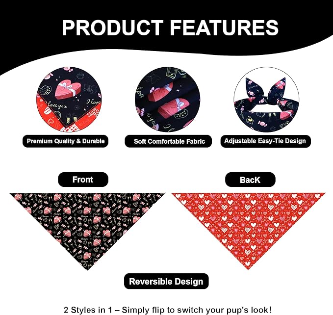 Valentine’s Day Dog Bandana for Small to Medium Dogs - Reversible Black Red Hearts Candy Print Scarf, Cute Pet Accessory for Valentine Gift