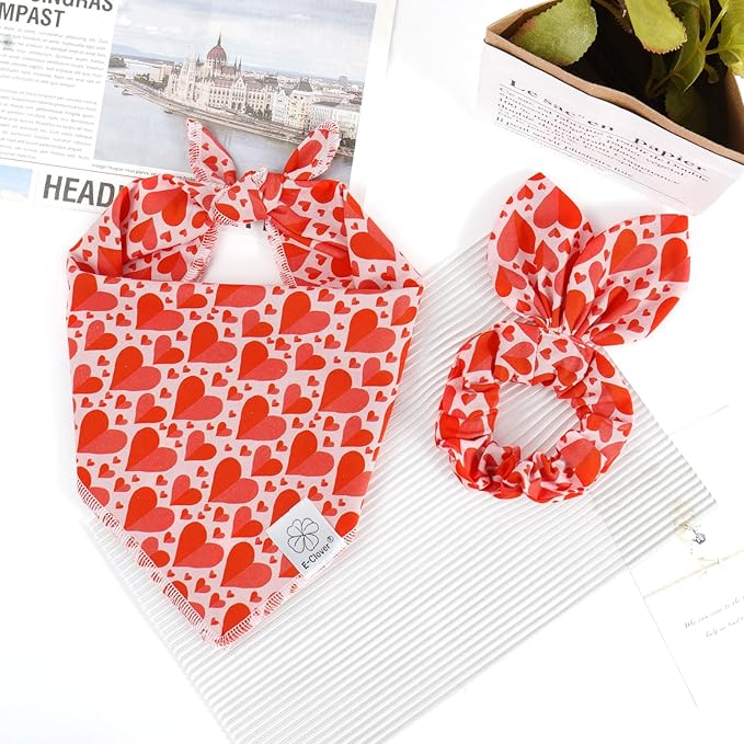 E-Clover Mother's Day Heart Dog Bandanas & Matching Scrunchie Set Cute Girl Dog Scarf Bibs Pet Bandana with Bow Tie for Medium Large Dogs Owner Mom Red Pink