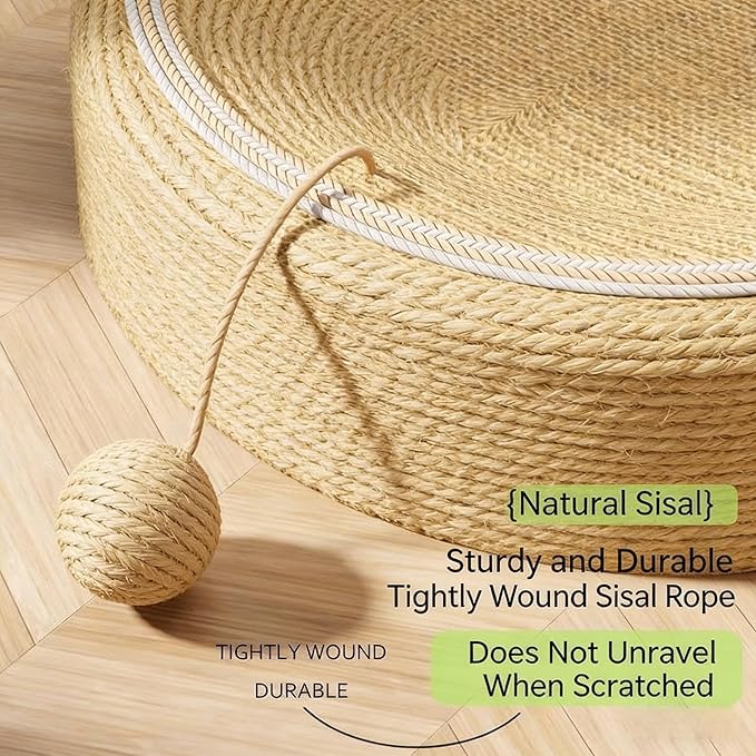 Cat Scratching Post and Cat Mat - 24 Inch Durable Sisal Rope with Interactive Ball, 3-in-1 Cat Scratcher Cardboard Bed for Indoor Cats to Play, Round-Oval Rest and Scratch (Ear Style)