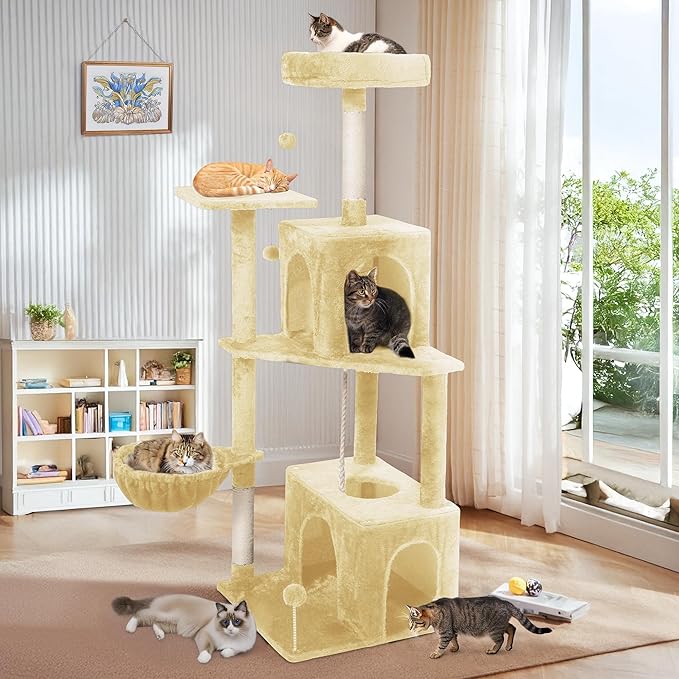 Cat Tree, 54-Inch Cat Tower for Indoor Cats,Plush Multi-Level Cat Condo with Scratching Posts, Basket, Perches,2 Caves,2 Pompoms(Beige)