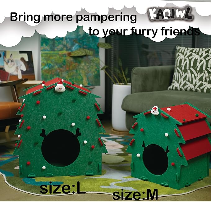 KAQJW Christmas Detachable Felt Cat Bed Condo Shelter House for Indoor Use - Easy to Assemble, Durable and Warm Funnest - Cozy Shelter with Bonus Cat Toys (Xmas-Large House)