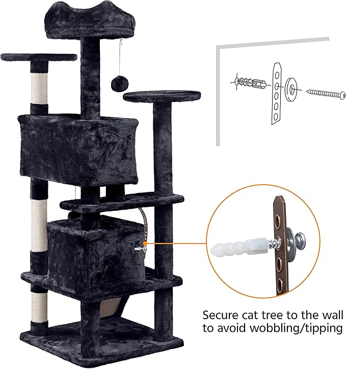 Topeakmart 54in Cat Tree, Cat Tower w/Large Cat Condo Scratching Posts and Perch, Cat Stand House Furniture, Black