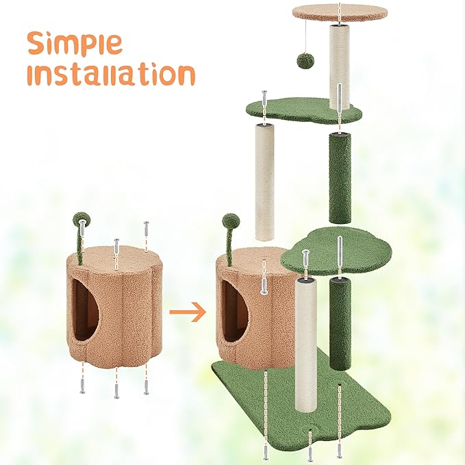 Yaheetech 42in Cactus Cat Tree, Green Cat Tree Tower w/Pumpkin Condo, Multi-Level Perches, 3 Scratching Posts, Teasing Ball for Indoor Kittens
