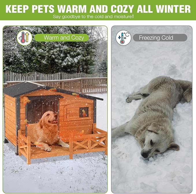 GUTINNEEN Large Heated Dog House Outdoor Insulated Dog Kennel with Safe Heating Pad, Chew-Proof Metal Frame and 6-Sided Insulated Liner for Medium to Large Breeds, 44.6" L x 41.1" W x 32.9“H (Brown)
