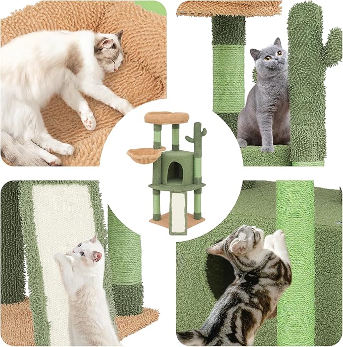 42" Cactus Cat Tree with Sisal Scratching Ramp, Cats Tower with Cozy Condos, Hammockand, Bed Perch Activity Center for Kittens to Adults Cats, for Living Room, Bedroom, Apartments, Green