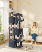 76" Cat Tree, Large Cat Tower for Indoor Cats, Multi-Level Cats House Furniture with 2 Platforms, 3 Condos, 7 Scratching Posts, 1 Basket, 3 Caves, Pompoms, Dark Grey MS19218SG