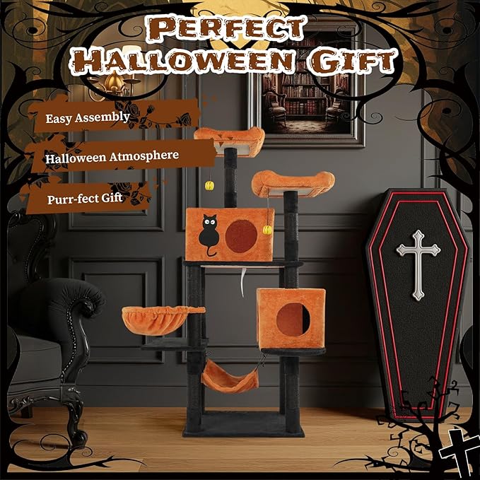 61" Halloween Cat Tree for Large Cats, Spooky Themed Cat Tower with 2 Condos, 2 Padded Perches, 2 Cozy Hammocks & Scratching Posts, Multi-Level Playhouse with Hanging Toy, Black & Orange
