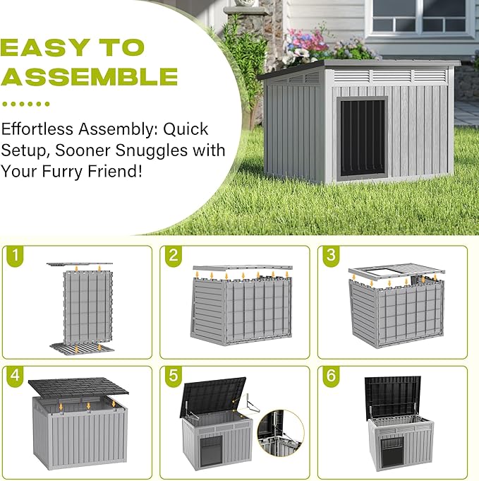 Bifanuo Dog House Outdoor Indoor for Large Dog - Weatherproof & Removable Roof, Easy Assemble and Clean for Medium to Large Dogs(Grey, 41.2" L x 31" W x 31.5" H)