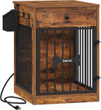 24.6'' Dog Crate Furniture with Charging Station, Dog Kennel Indoor with Flip-Top Storage, Wooden Pet Cage Dog House End Side Table for Small Dog Anti-Chew Anti-Escape, Rustic Brown DFC90101B