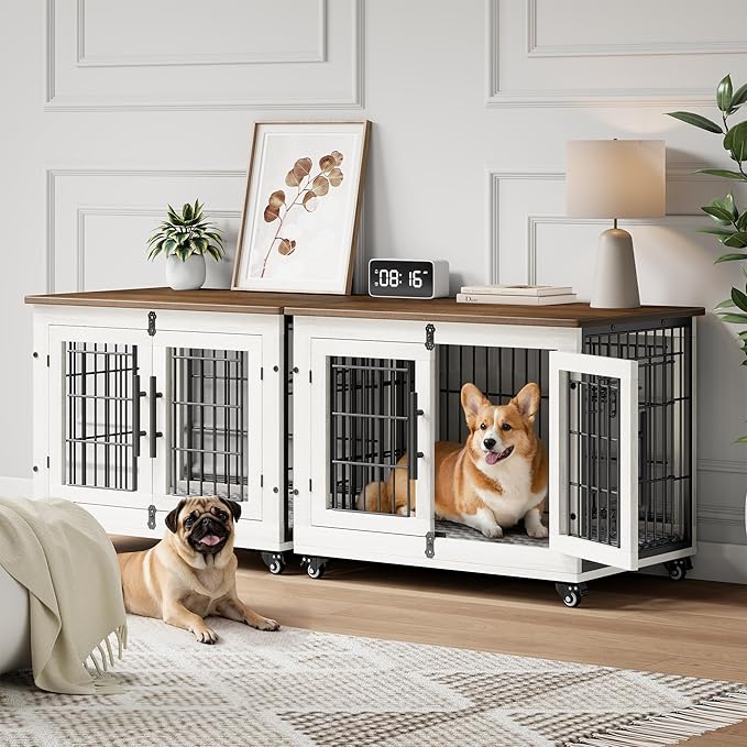 Dog Crate Furniture with Cushion Set of 2, Wooden Dog Kennel Indoor with Double Doors, Dog Cage with Wheels, Dog House Side End Table for Small Medium Dogs up to 45 lb, 32.5" L, White