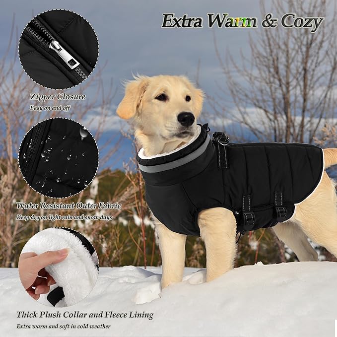 Dogcheer Dog Coat, Waterproof Dog Jacket with Harness, Reflective Adjustable Winter Coat with Zipper, Christmas Pet Snow Jacket Clothes for Small Medium Large Dogs - Black M