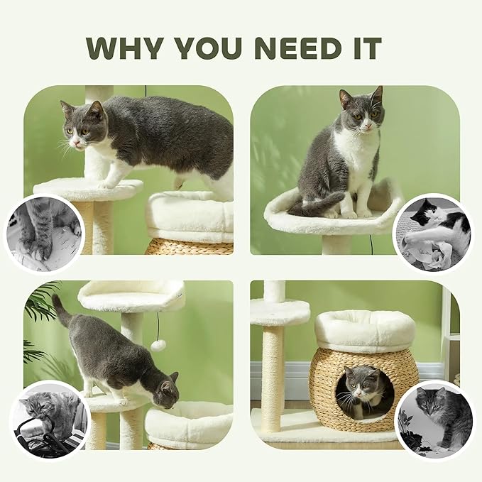 31-inch Flower Cat Tree, Large Cactus Cat Tree Tower Condo with Sisal Scratching Post, Cat Condos, Hammock, Removable Flower Cushion, Multi-Level Pet Activity Center, Pink (Cream White)