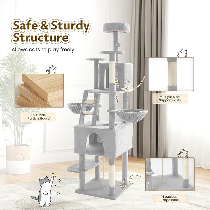 75" Cat Tree Large Cat Tower Condo w/Multi-Level Scratching Post Cat Stairs for Indoor Cats (Light Grey)