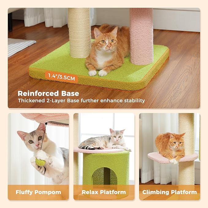 Flower 50-Inch Heavy-Duty Cat Tree for Large Cats - Sturdy Cat Tower with Extra-Thick Scratching Posts (φ4.3), Spacious Condo, 2-Layer Baseboard for Maine Coon & Big Cats up to 16 lbs, Pink