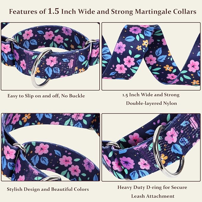 Wide 1.5 Girl Martingale Collar for Dogs,No Pull Heavy Duty Floral Dog Collar for Medium Large Extra Large Female Dogs XL