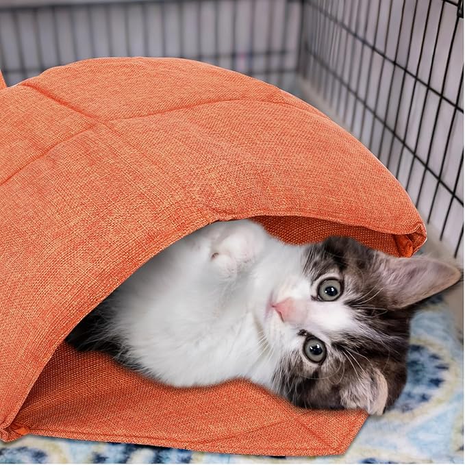2 Pcs Cat Sleeping Bag, Linen Fabric Nest Cat Bed Cave Leaf Cuddle Covered Pet Hide Cozy Hood Burrowing Zone Soft Durable Washable with Nonslip Bottom for Indoor Puppy and Kitten(Orange)