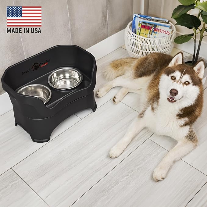 Neater Pet Brands Neater Feeder Deluxe Mess Proof Dog Bowls Elevated for Large Dogs Over 40 lbs, Made in USA, No Spill Raised Dog Food Bowl Stand Feeding Station, Food and Water Bowl Set, Black
