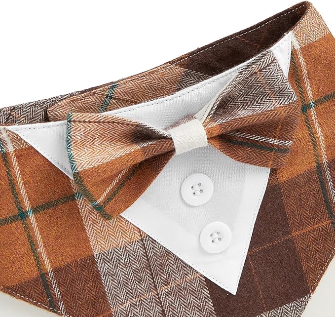 Fall Dog Tuxedo Bandana, Orange Plaid Pet Collar with Bowtie, Adjustable Halloween Thanksgiving Dog Tux Costume for Small to Extra Large Pets