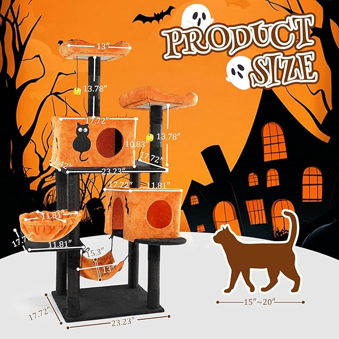 Outvita Halloween Cat Tree,61" Large Cat Tower with 2 Spacious Cat Condos, 2 Padded Perches, 2 Hammocks, Scratching Posts, Hanging Toy, Multi-Level Cat Activities Furniture, Orange & Black
