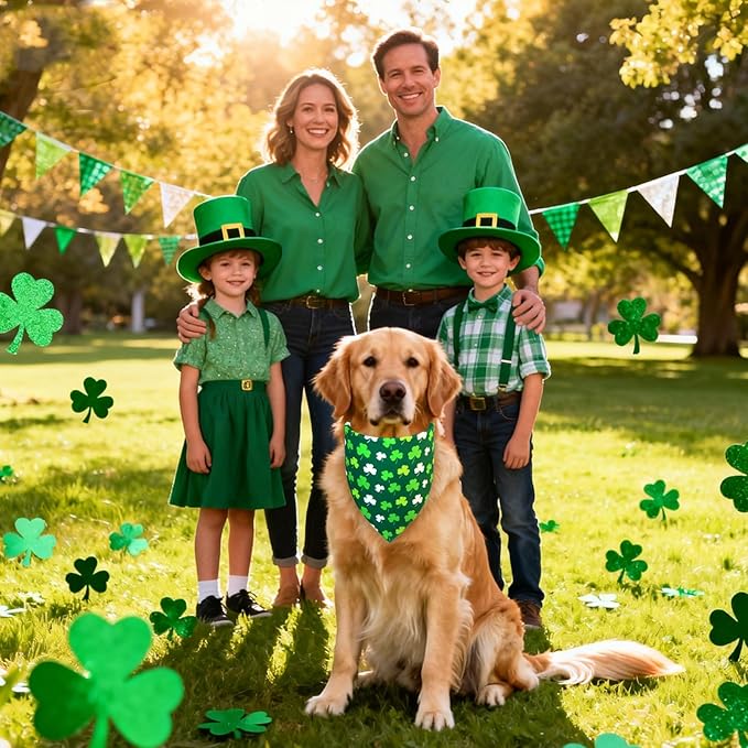 St. Patrick’s Day Dog Bandana for Small Medium Dogs - Reversible Lucky Green Shamrock Clover & Stripes Scarf, Cute Pet Accessory for Irish Gift