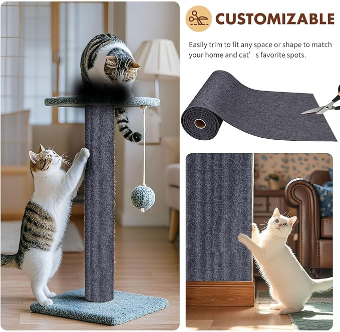 PowerKing Cat Scratch Furniture Protector, 78.7"x15.8" Self-Adhesive Cat Scratch Mat for Couch & Sofa, Trimmable DIY Cat Scratcher Pads for Indoor Cats (Dark Grey)