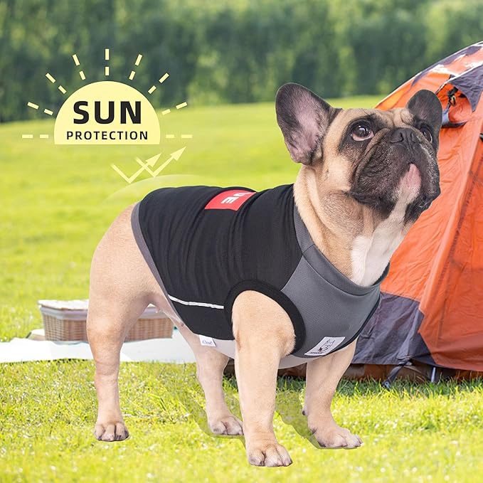 iChoue French Bulldog Summer Cooling Shirt for Dogs UV Sun Protection Vest Sleeveless Stretchy Tank Top English Pug Grey Black - Medium