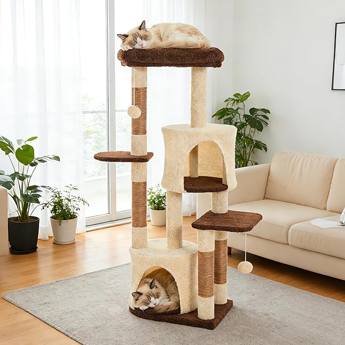 45.3-inch Multi-Level Cat Tree Tower with 3 Soft Platforms & 2 Cat Caves, Fully Wrapped Sisal Scratching Post for Indoor Cats, Dangling Toy, Brown