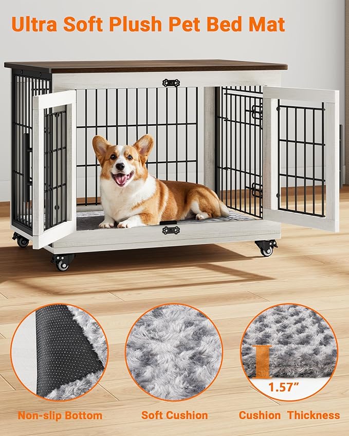 Dog Crate Furniture with Cushion, Wooden Dog Kennel Indoor with Double Doors, Dog Cage with Wheels, Dog House Side End Table for Small Medium Dogs up to 45 lb, 32.5" L, White