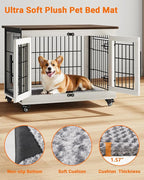 Dog Crate Furniture with Cushion, Wooden Dog Kennel Indoor with Double Doors, Dog Cage with Wheels, Dog House Side End Table for Small Medium Dogs up to 45 lb, 32.5" L, White