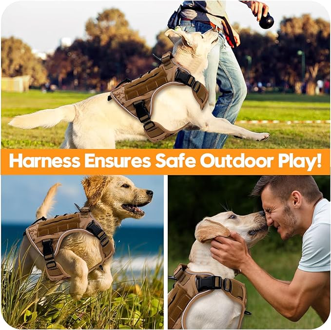 Heavy-Duty Tactical Dog Harness for Large Dogs, No Pull Adjustable Reflective Pet Vest with Molle System, K9 Military-Grade Control for Service Training, Outdoor & 10+ Breeds, Khaki Camo, Large