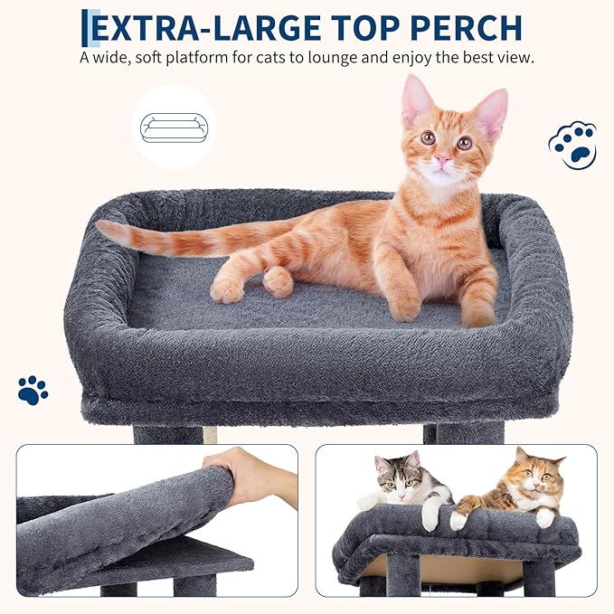 Dark Grey 61" Heavy Duty Cat Tree for Large Indoor Cats & Maine Coon, Modern Multi-Level Cat Tower with Extra Large Perch, 2 Spacious Condos, Natural Sisal Scratching Posts & Interactive Toys
