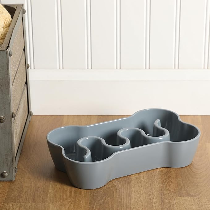Gibson Home Curious Canines 9” Slow Feeder Dog Bowl, Bone Shaped Melamine Anti-Gulp Pet Bowl, Non-Slip, Dishwasher Safe, Blue