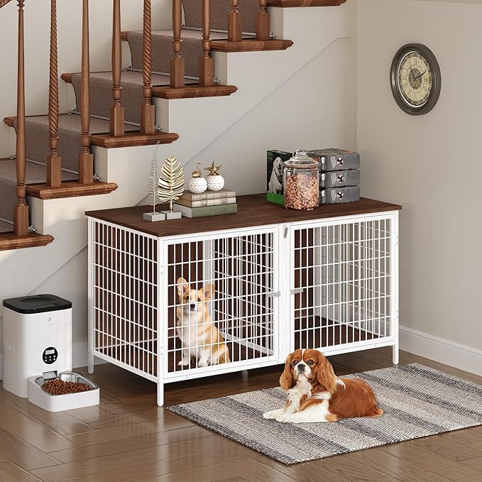 Dog Crate Furniture for 2 Dogs, 43.3" Dog Kennel with Removable Divider, Heavy Sturdy Dog Furniture Style Double Cage for Small Medium Dogs, Indoor Pet House End Table, White and Walnut