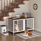 Dog Crate Furniture for 2 Dogs, 43.3" Dog Kennel with Removable Divider, Heavy Sturdy Dog Furniture Style Double Cage for Small Medium Dogs, Indoor Pet House End Table, White and Walnut