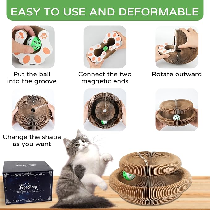 Kitty Kurlz Accordion Magic Organ Cat Scratcher Toys for Indoor Cats - Cardboard Cat Scratching Board Ball Scratcher Pad 3 Pack