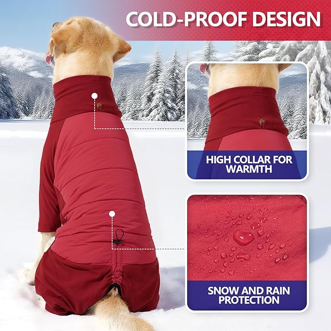 XL Dog Jacket for Winter, Dog Onesies for Large Dogs Waterproof, Pullover Fullbody Clothes Jumpsuit, Fleece Cold Weather Coats Pajamas, Four-Legged Snowsuit with Leash Hole, XL Grey