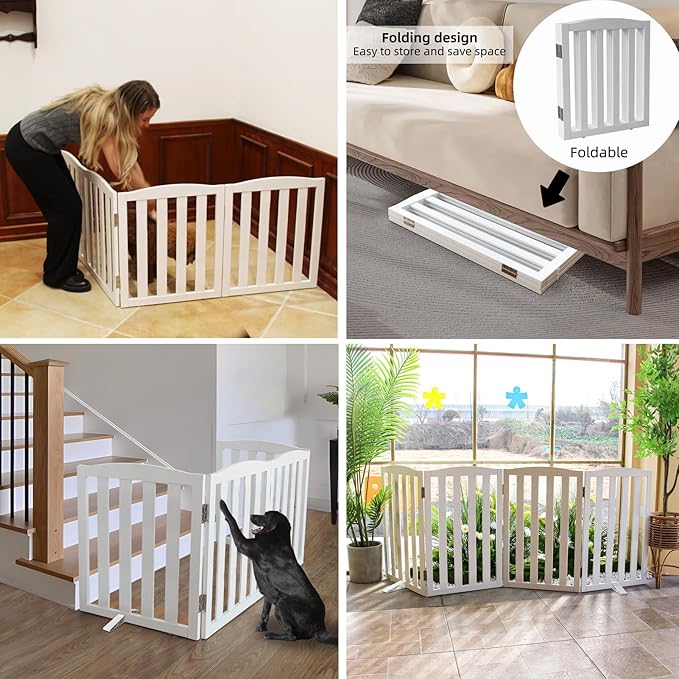 ZJSF Foldable Freestanding Indoor Dog Gate for House Wood White Long Pet Gates Dog Fence for Stairs Puppy Gates for Hallways,Pet Fence, Puppy Gate,Support Feet Included 24 "Height-2 Panels