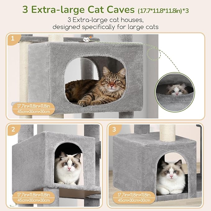 Globlazer Extra Large Cat Tree Tower for Indoor Cats Large Adult, 80in Tall Heavy Duty Cat Tree with 3 Spacious Cat Condos, Oversized Fan-Shaped Perch, 6 Full Sisal Scratching Posts, S80, Light Grey