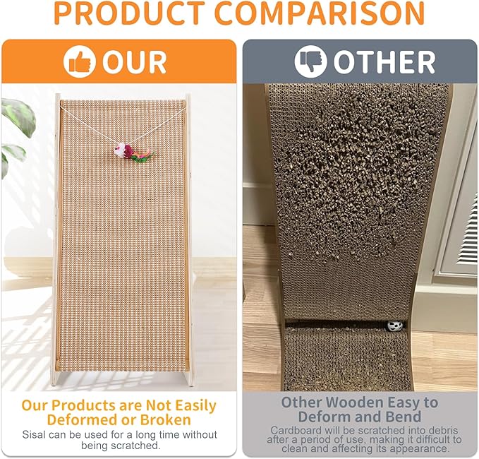 Sisal Cat Scratchers for Indoor Cats, 26.8'' L-Shape Cat Scratching Board, Solid Wooden Cats Scratch Pad with Mouse Toy, Large Cats Scratching Posts to Protect Furniture(Ramp Scratcher)