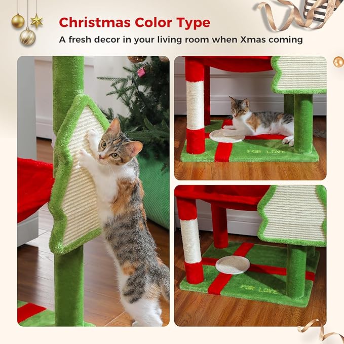PETEPELA Christmas Cat Tree for Indoor Cats, 56.3'' Tall Multi-Level Cat Tower with Super Large Hammock (20''X16''), Sisal Covered Scratching Posts, Cozy Condo and Top Perch, Christmas Style