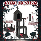 Gothic Halloween Cat Tree Tower, 3-Level Cat Furniture with Coffin Bed & Cross Top, Scratching Posts for Indoor Cats, Black Red Large Cat Tree for Multiple Cats