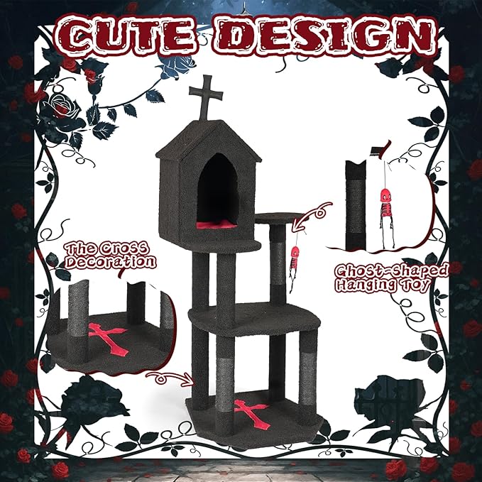 Gothic Halloween Cat Tree Tower, 3-Level Cat Furniture with Coffin Bed & Cross Top, Scratching Posts for Indoor Cats, Black Red Large Cat Tree for Multiple Cats