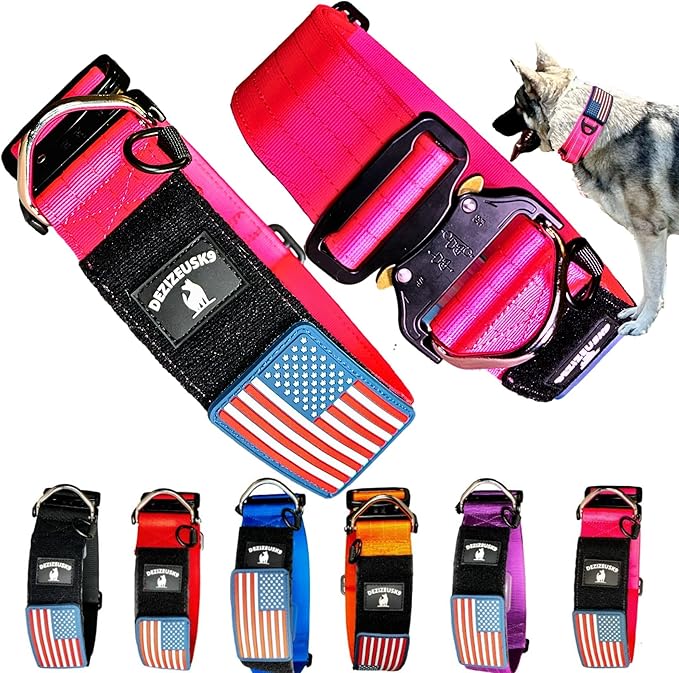Tactical Dog Collar 2 Inch Wide Thick Heavy Duty Military Style with Metal Buckle, Adjustable for Medium - Large Breeds, Durable K9 Training Gear with Patch Area, USA Flag Patch, Strong and Secure Fit