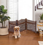 Wooden Foldable Pet Dog Safety Gate - 3 Panel 20" W x 24" H - Hand Carved Mahanadi Free Standing Portable Indoor Puppy Gate - Doorway Hall Stairs Dog Fence - Assembled - Brown - IRONGATE