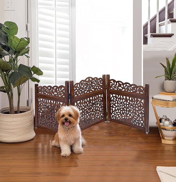 Wooden Foldable Pet Dog Safety Gate - 3 Panel 20" W x 24" H - Hand Carved Mahanadi Free Standing Portable Indoor Puppy Gate - Doorway Hall Stairs Dog Fence - Assembled - Brown - IRONGATE