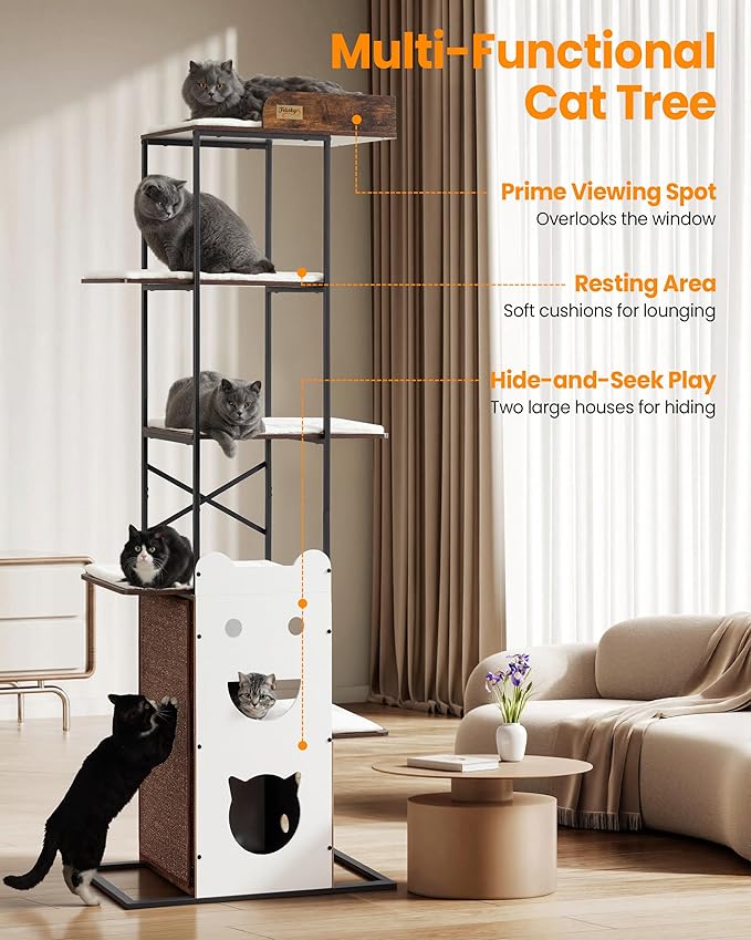 Wood Cat Tree Tower, 84 Inch Modern Extra Tall Cat Condo Trees for Indoor Cats Large Adult, XL Multi-Level Heavy Duty Wooden Sturdy Cat House Furniture with Platform Perch Bed Scratching Post