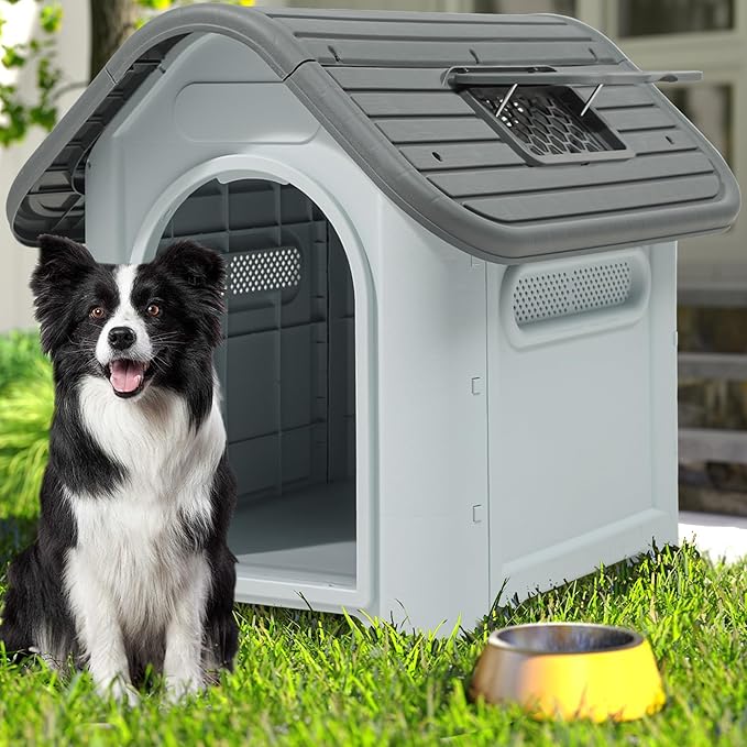DWVO 34.3'' Plastic Foldable Dog House for Small and Medium Dogs, Waterproof Folding Pet House with Adjustable Top Window and Elevated Base (34.3''L x 28.3''W x 29.5''H)