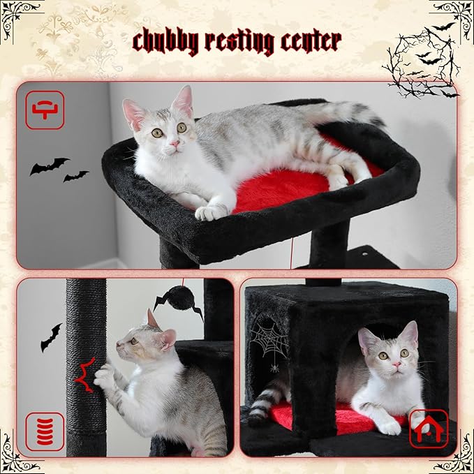 PETEPELA 45.7" Gothic Cat Tree for Indoor Cats, Cat Tower for Large Cats with Metal Frame Large Hammock (17.3"x15.3"), Cat Condo with (18.5"x13") Big Top Perch & 4 Sisal Covered Scratching Posts,Black